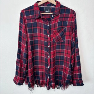 Nanette Lepore Womens  Xlarge Plaid Rayon Fringe Hem Button Shirt